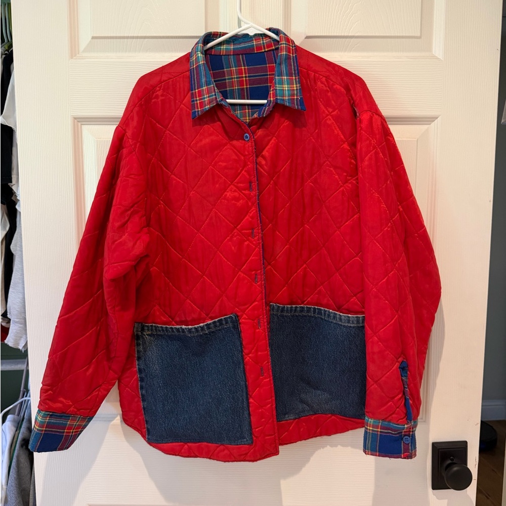 Red Quilted Jacket with Plaid Trim and Denim Pockets